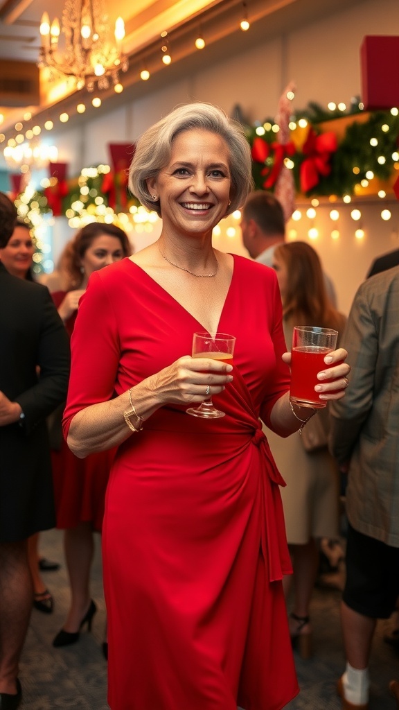 A fashionable woman over 50 in a red wrap dress at a Christmas party, with festive decor in the background.